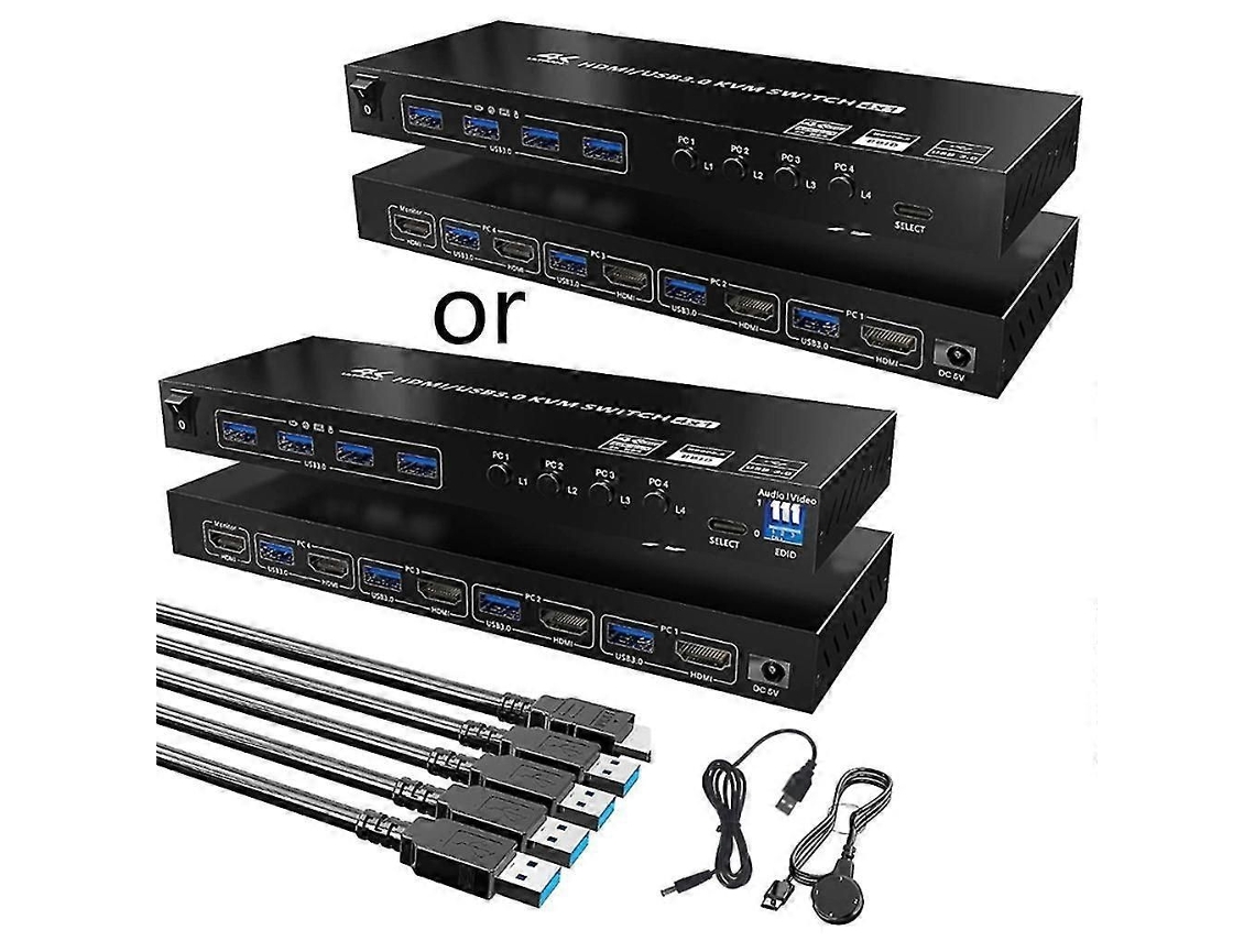 Comutador Kvm Usb 3.0 Compatível Com Hdmi Com 4 Cabos Usb E Controle Remoto