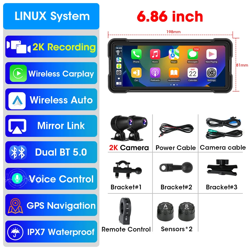 Sistema De Navegação Para Motocicletas (dvr-gps-tpms) De 6,86 Polegadas Com Carplay Sem Fio E À Prova D'água.