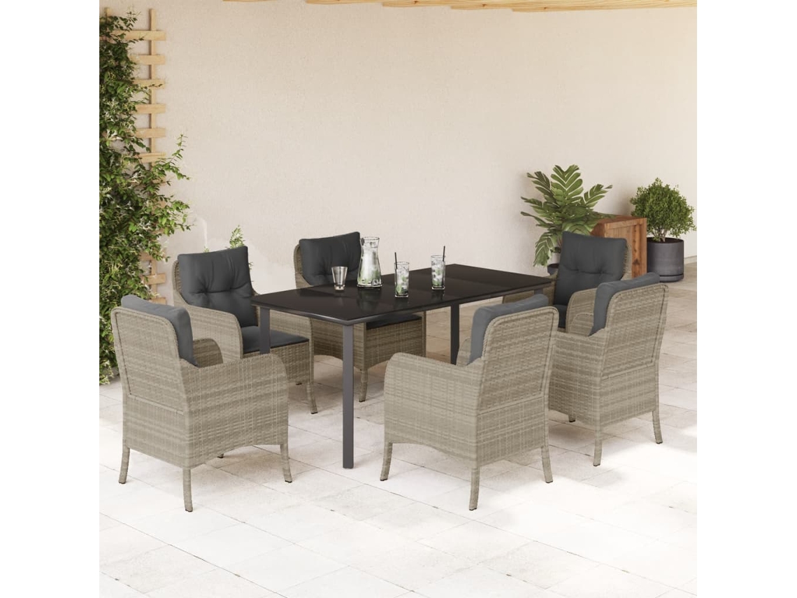Vidaxl 7 Pcs Conj. Jantar P/ Jardim C/ Almofadões Vime Pe Cinza-claro