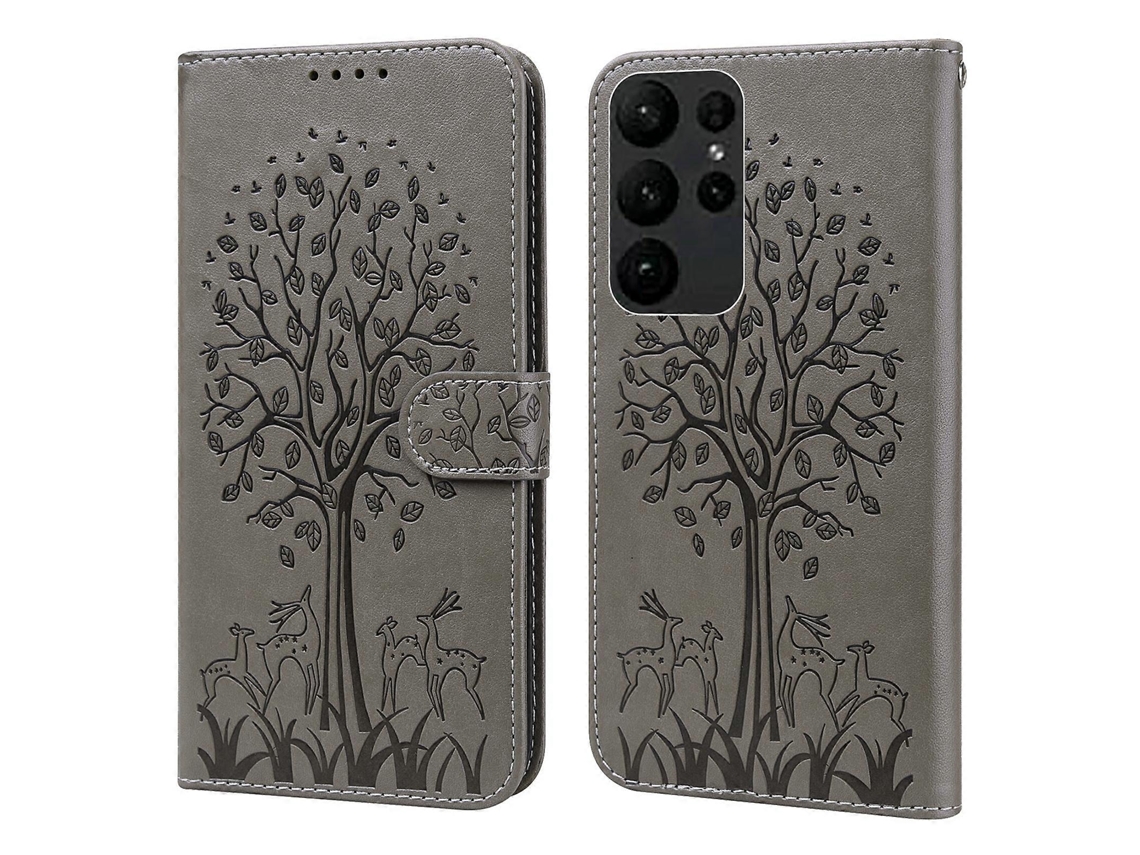 Capa De Couro Com Estampa Horizontal De Árvore E Veado Para Samsung Galaxy S23 Ultra 5g