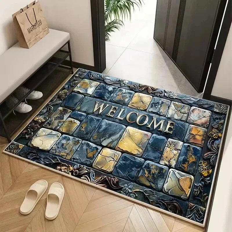 (estilo 2 30x50cm) Tapete De Porta Retrô Azul Impresso Em 3d, Antiderrapante E Lavável.