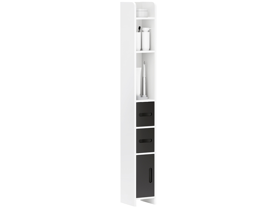 Coluna para banheiro com 3 prateleiras e 3 armários em madeira 15x17x120 cm branco e preto BTFORUS