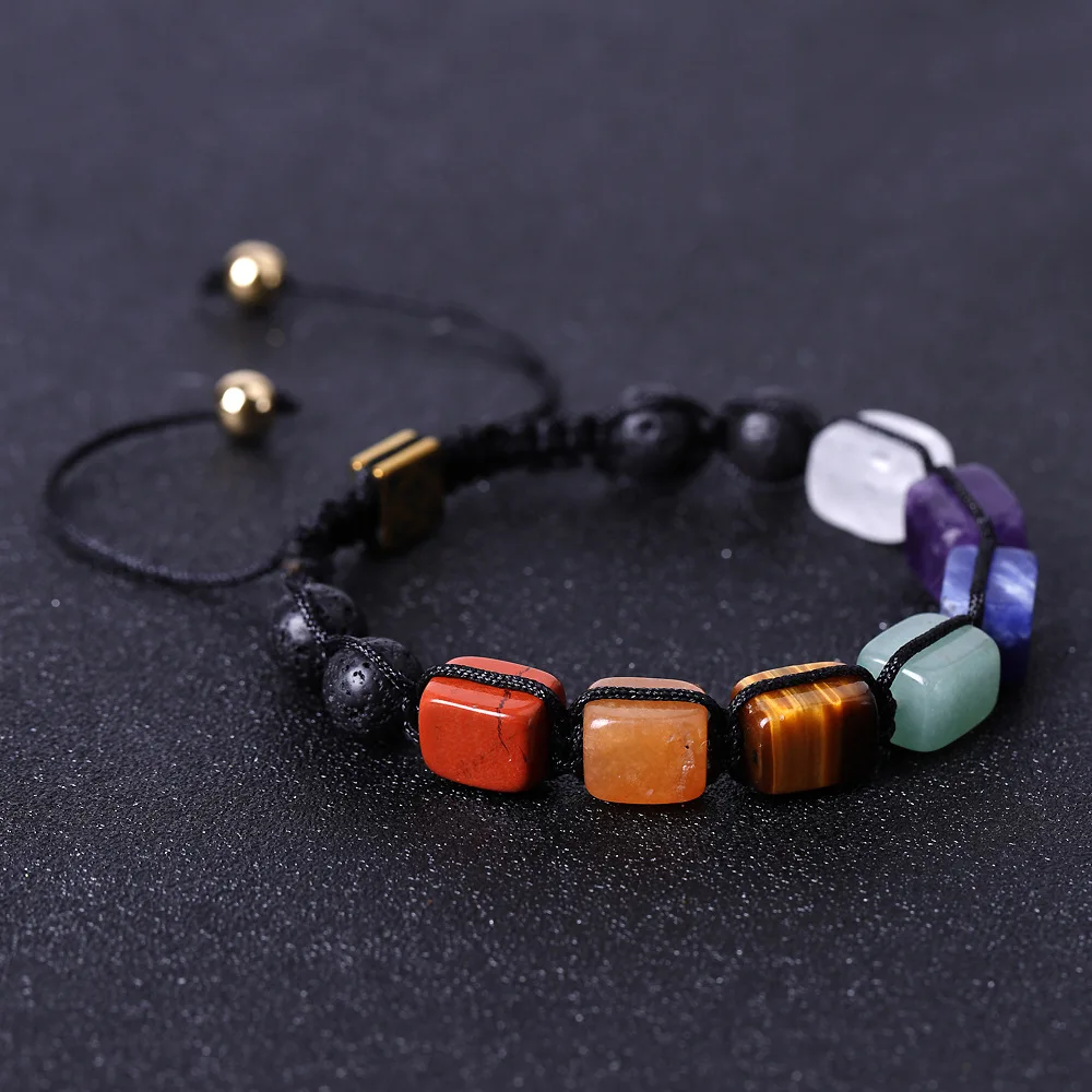 (cor 2) Pulseira Yoga Árvore Da Vida Dos Sete Chakras, Tecida À Mão, Em Pedra Vulcânica Natural.