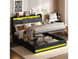 Cama 140x200 Cm Led, Boxspring Funcional Em Madeira Com Estrado E Cabeceira, Cama De Casal Com Armazenamento Branco Ycone