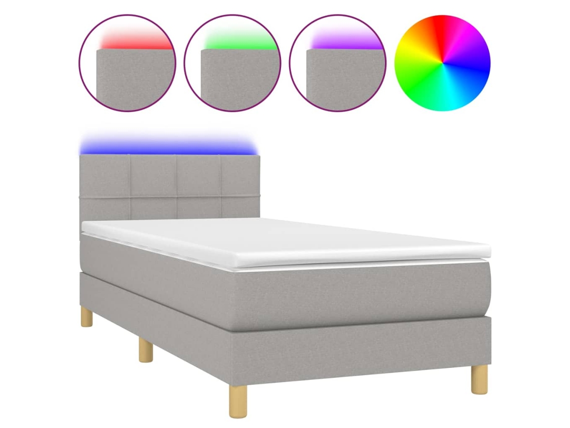 Cama Box Spring com Colchão e Led Tecido Cinza Claro MAISON EXCLUSIVE (90x200 cm)