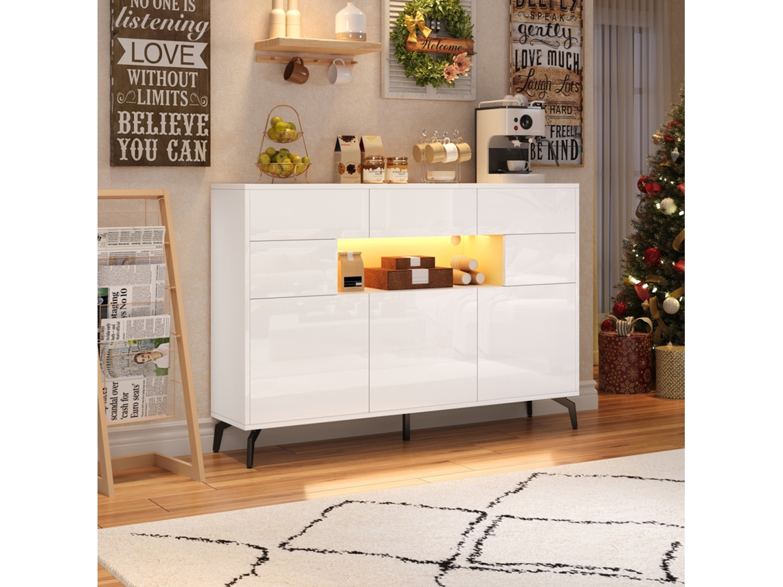 Aparador Branco 140x30x94cm, 3 Gavetas, 5 Armários, Led. Cs