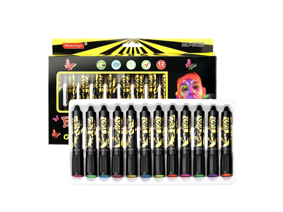 Kit de Lápis de Pintura Facial Neon Glow, 12 Cores Seguras Não Tóxicas para Adultos e Crianças Halloween Festa Cosplay