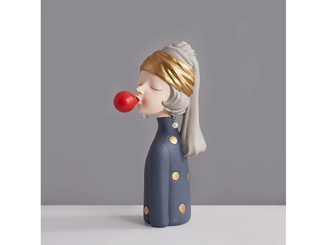 Estatua De Niña Soplando Burbujas Con Aretes De Perla Artesanía Escultura Decorativa Hogar Hotel Oficina Azul Talla S