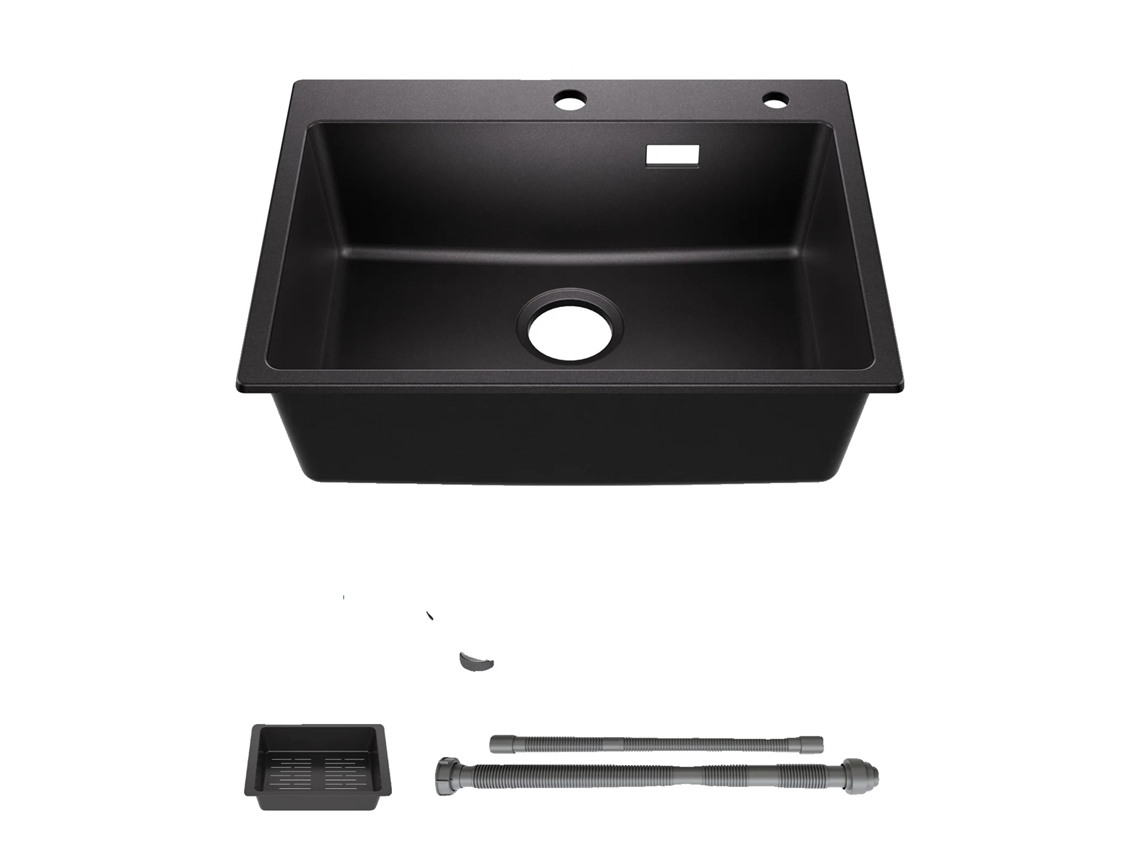 Pia De Cozinha, Composto De Quartzo, Design De Dreno Multifuncional, Preto
