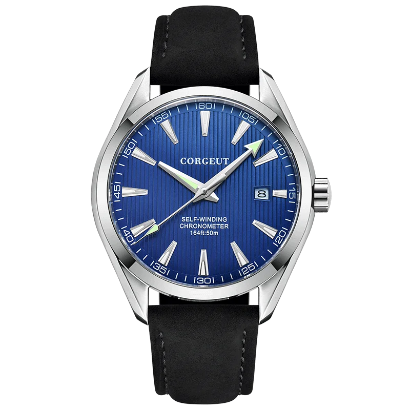 Relógio Masculino Automático Mecânico De 41 Mm (azul), Com Pulseira De Couro Luxuosa E Acabamento Luminoso.