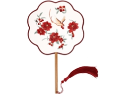 Leque Chinês Redondo Bordado Vermelha Genuína Madeira Acessório Elegante Decoração Clássica Tradicional Seda GOKOCO