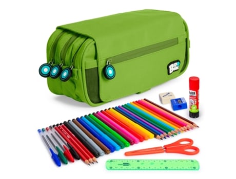 Estojo triplo Ecobb com 3 zíperes com material escolar incluído verde COLEPACK
