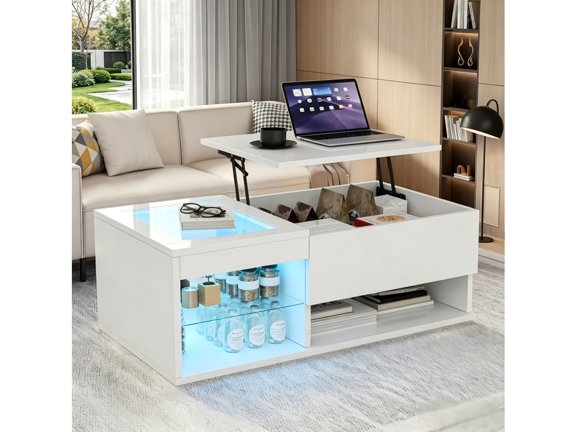 Mesa de Centro Elevável, em Madeira Branca Brilhante, com Led RGB e Armazenamento, 100x55x35cm ROSAHQNDA