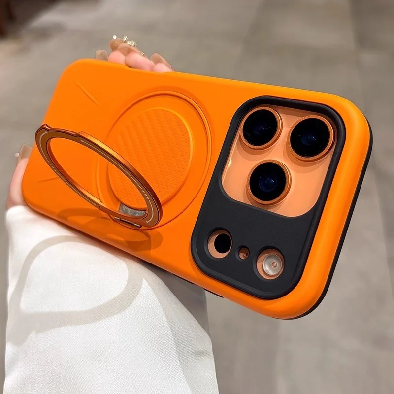 Capa Magnética Fosca Para Celular (iphone 15 Pro Laranja), Em Silicone Macio, Com Suporte Magnético.