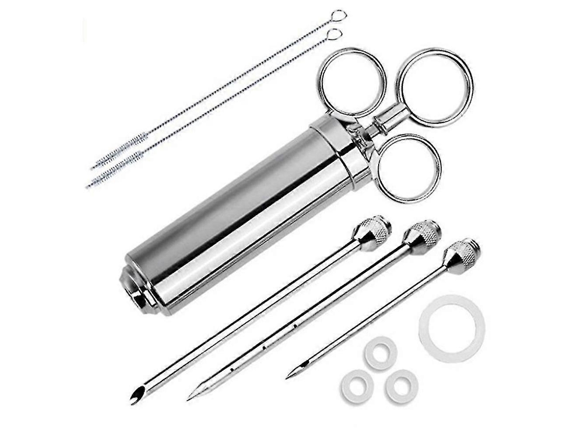 Jeringa Inyector de Carne de Acero Inoxidable 304, Kit Con 3 Agujas Y Estuche Reutilizable para Marinado Sabroso