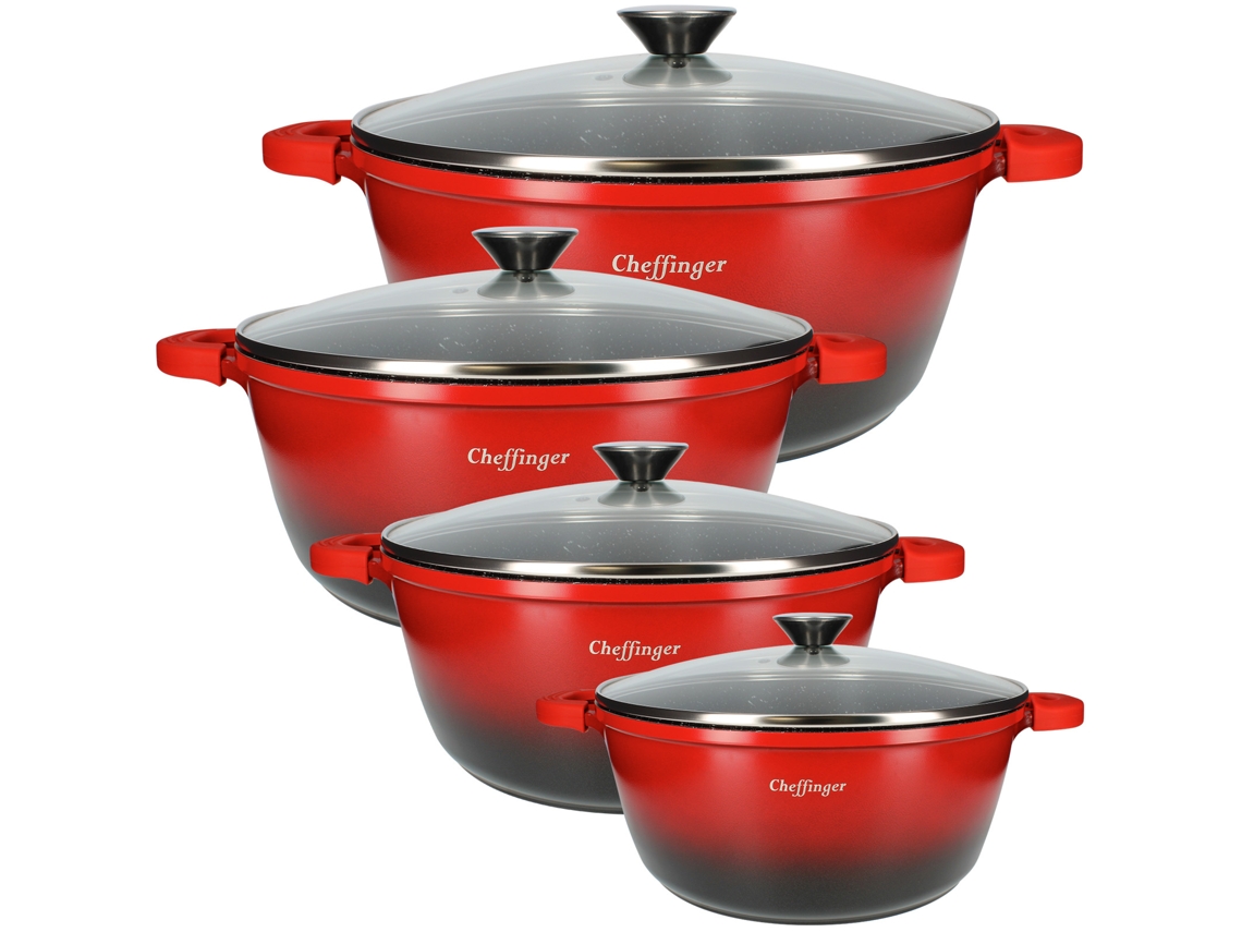 CHEFFINGER Conjunto de 4 Panelas com Revestimento Antiaderente Efeito Mármore e Antibacteriano Vermelho / Preto