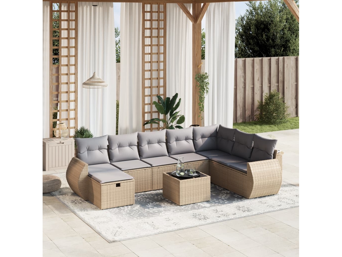 Vidaxl 9 Pcs Conj. Sofás Jardim C/ Almofadões Vime Pe Bege Misturado
