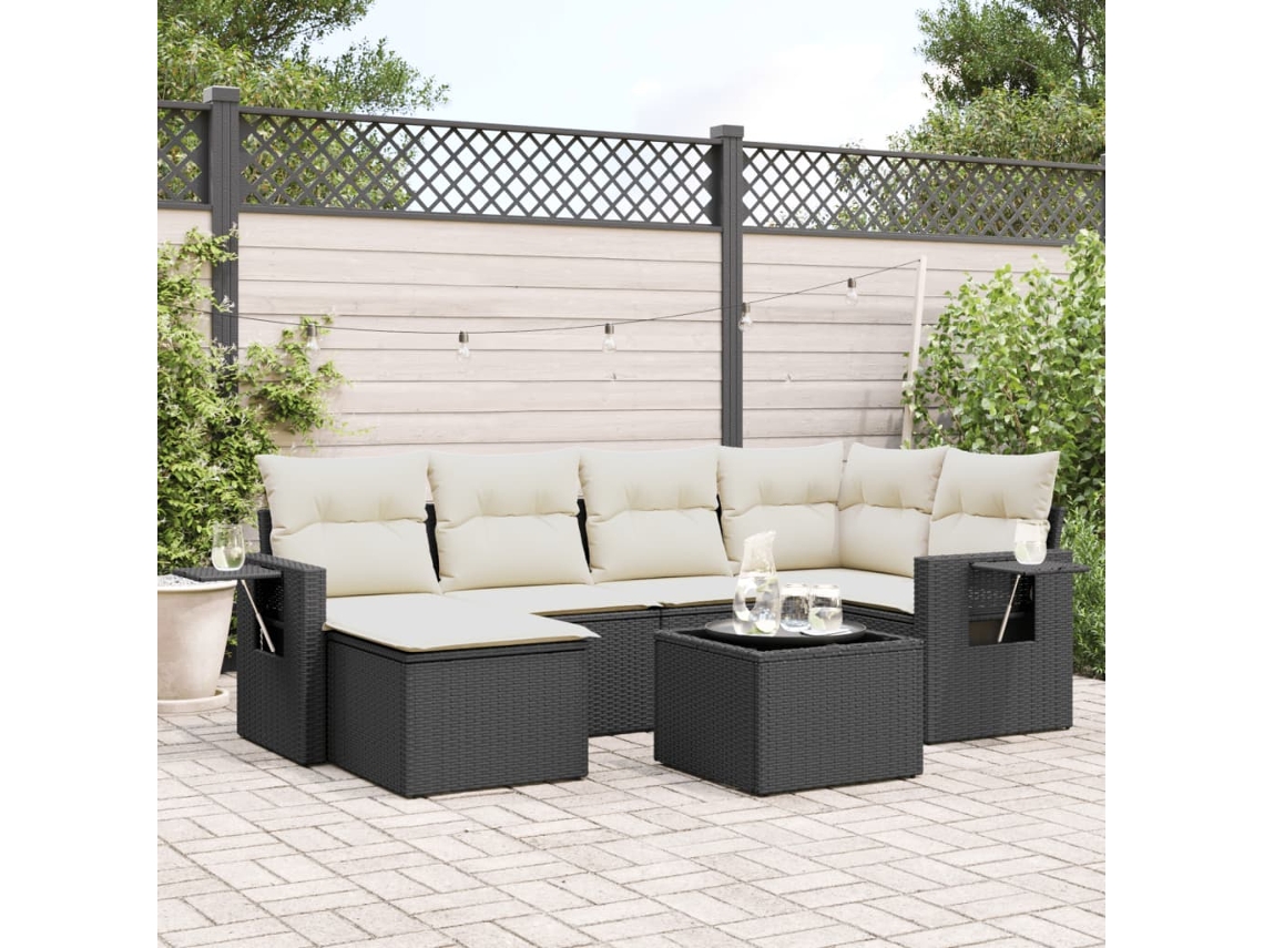 Vidaxl 7 Pcs Conjunto De Sofás P/ Jardim C/ Almofadões Vime Pe Preto