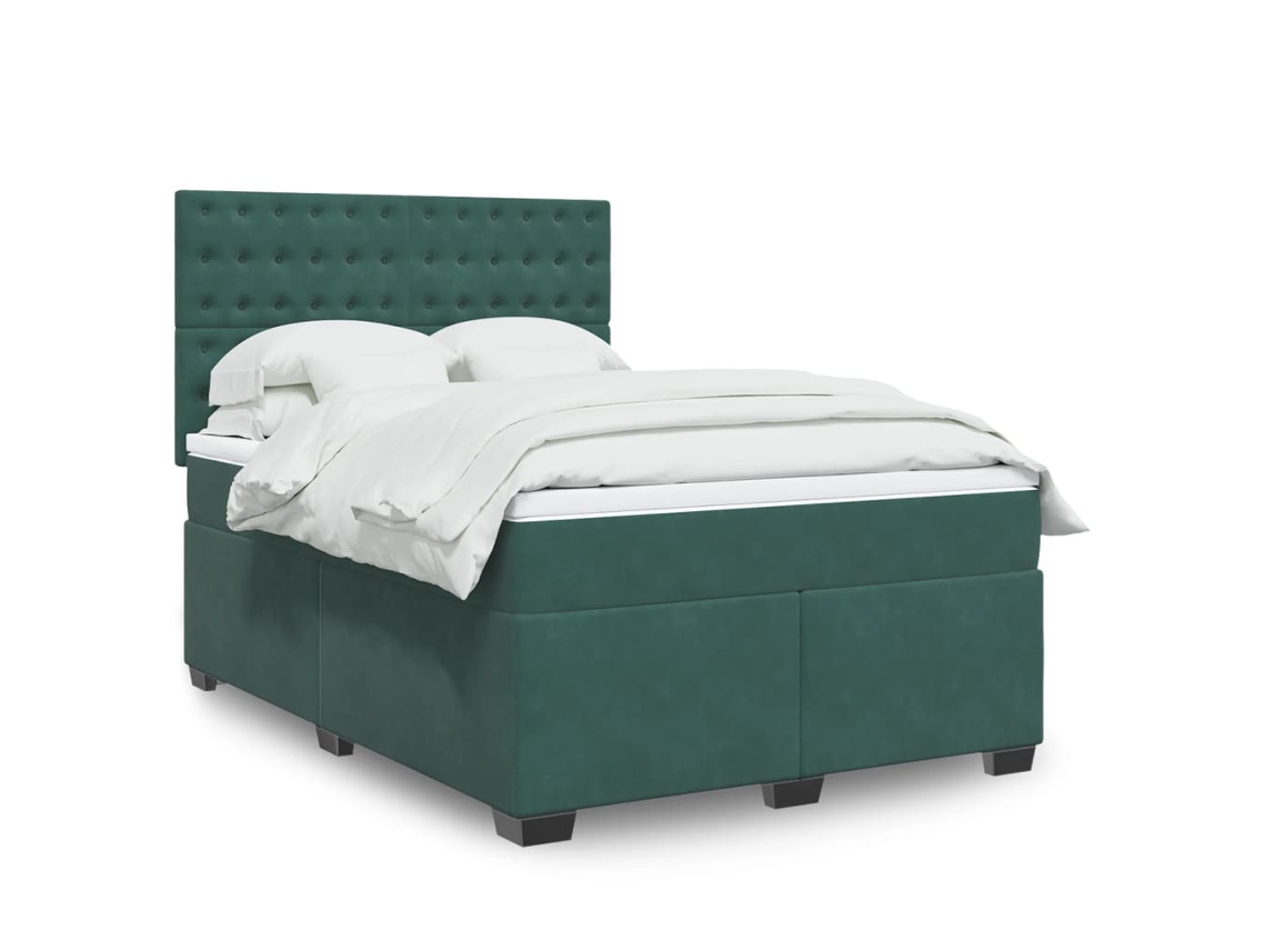 Cama Com Molas/colchão 140x190 Cm Veludo Verde-escuro