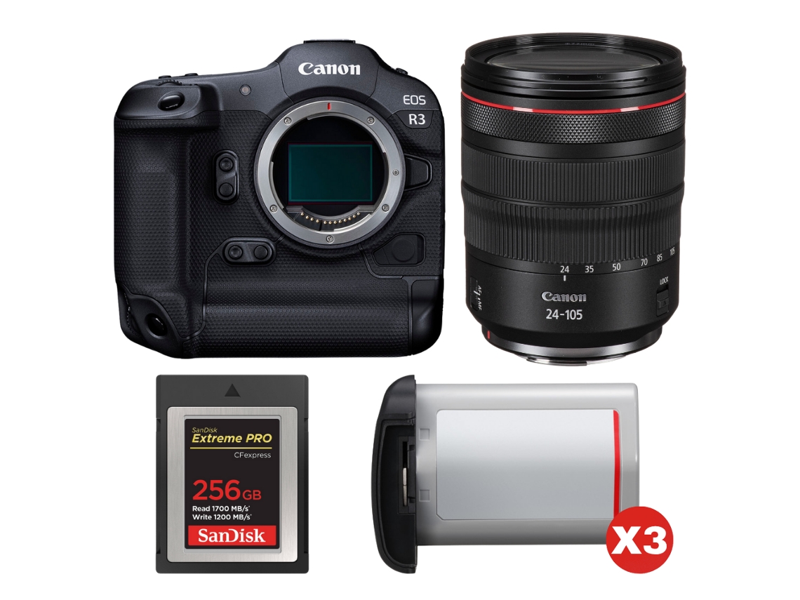 Eos R3 + Rf 24 105mm F/4 L Is Usm + 1 Sandisk 256gb Extreme Pro Cfexpress Type B + 3 Canon Lp e19 + Ebook “20 Dicas para Fotos Que Impressionam” CANON