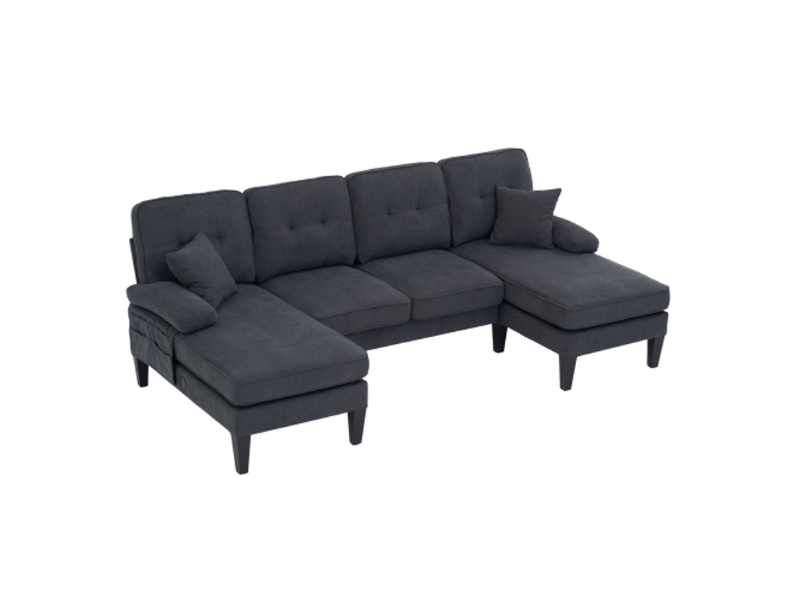 Sofá Grande Em Formato De U Com 4 Lugares, Revestido Em Tecido De Linho Macio, Encosto Moderno, Duas Chaises, Pés Robustos E Almofadas De Assento