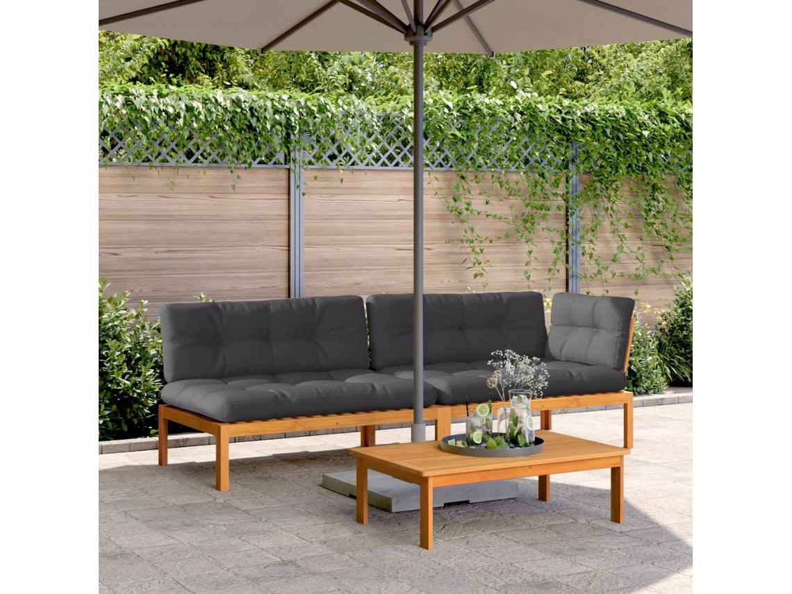 Vidaxl 3 Pcs Móveis De Paletes P/ Jardim C/ Almofadões Acácia Maciça