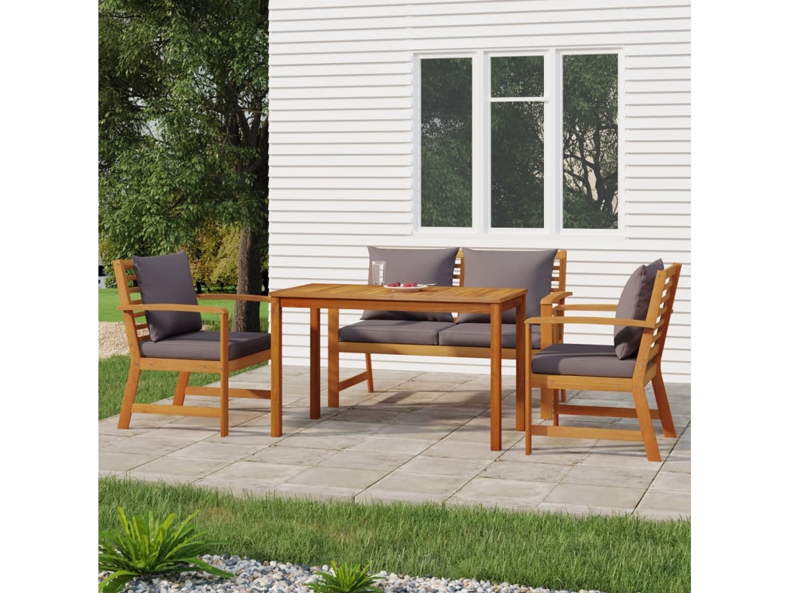 4 unidades Conj. Jantar Jardim C/ Almofadões Madeira Acácia Maciça Dkd Home Decor
