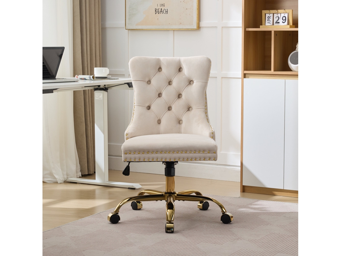 Cadeira Home Office Veludo Bege, Botões Dourados, Base Metálica, Giratória