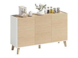 Buffet de Cozinha Nórdico com 3 portas com fecho suave, 6 compartimentos, madeira natural e branco BTFORUS