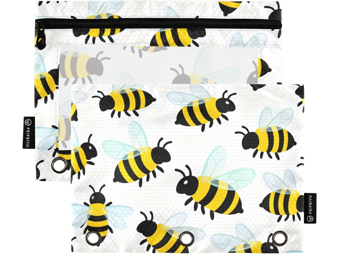 Pasta com estampas simples de Abelhas em estilo cartoon, com estojos grandes, resistentes e transparentes para lápis.