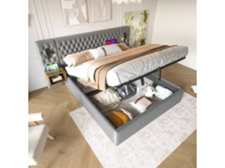 Cama 160x200 Cm Armazenamento Mesa Cabeceira Luz Usb Cinza Quarto
