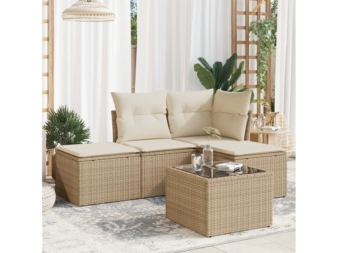 5 Pcs Conjunto De Sofás P/ Jardim Com Almofadões Vime Pe Bege Dkd Home Decor