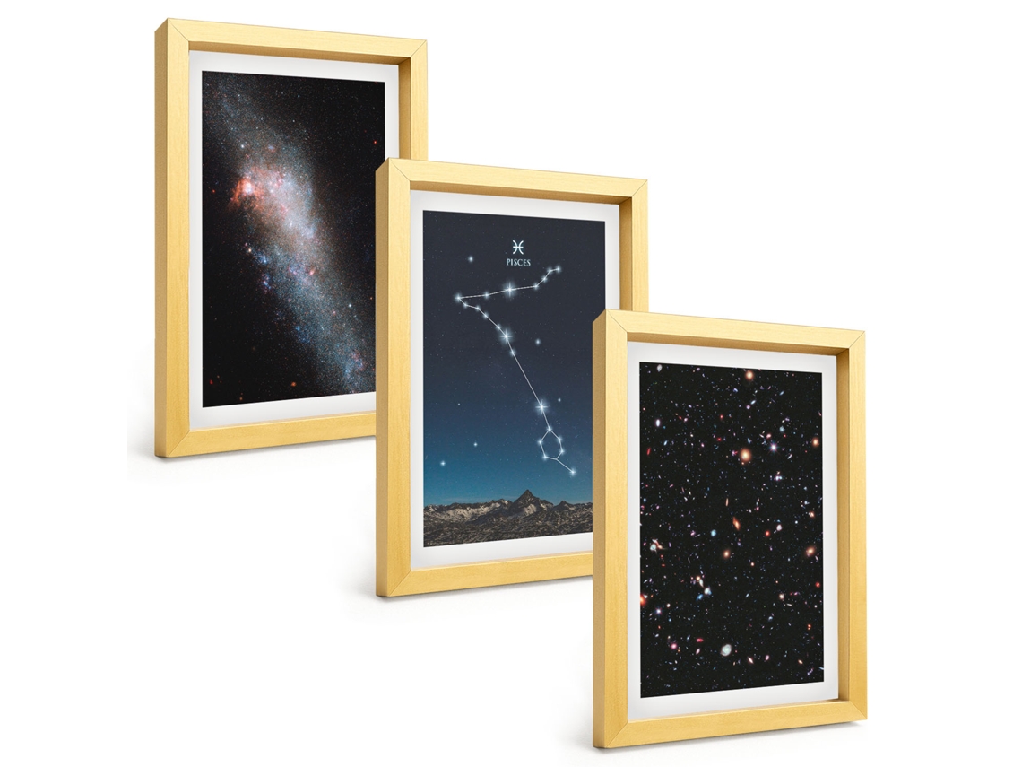 Quadros Decorativos Para Paredepaisagens Espaciais, Galáxias De Peixes Moldura Dourada Quadros Para O Escritório Espelharte (3 Peças 20x30 Cm)