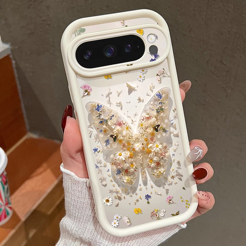 Capa Para Celular Google Pixel 10 Pro Xl Com Estampa De Borboletas E Flores (branca), Em Tpu Macio E Resistente A Impactos.