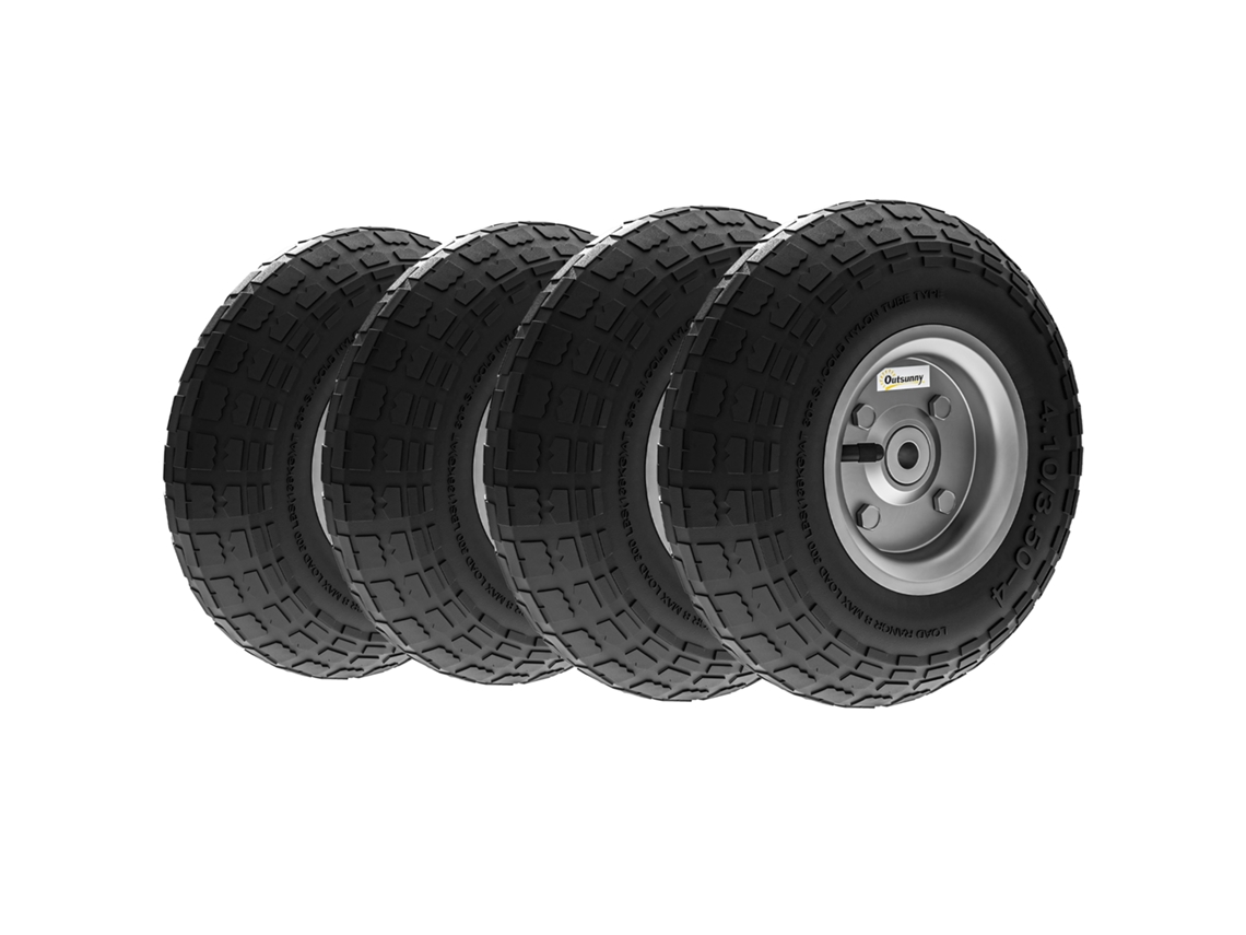 Jogo De 4 Rodas Para Carrinho Pneus De Borracha Ø255 X 75 Mm Eixo De 16 Mm Carga 80 Kg Preto