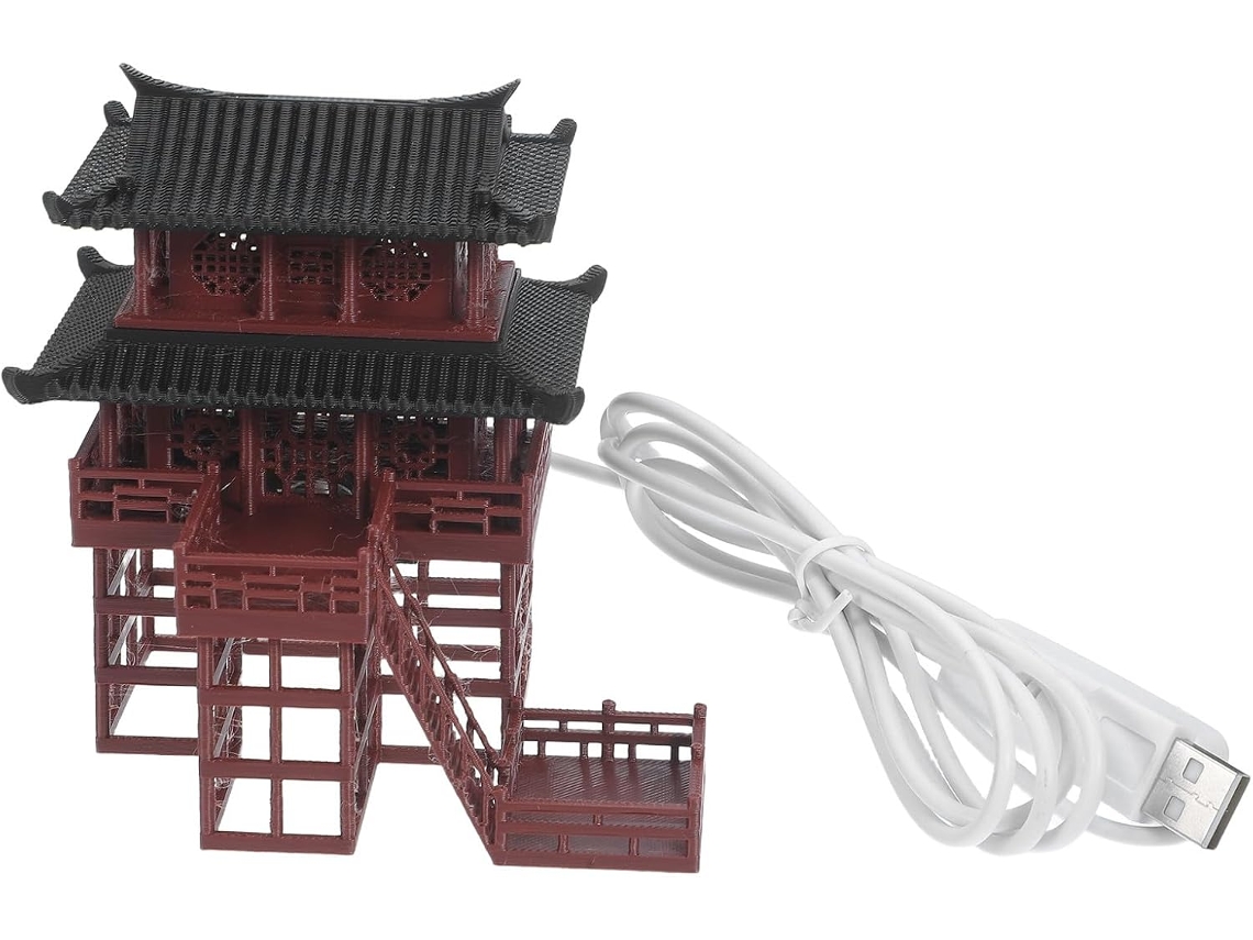 Estátua de Mini Pagode Kichouse, Figura de Pavilhão Hexagonal em Miniatura com Iluminação, Decoração de Paisagem em CHABERLU