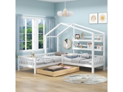 Cama Infantil Tipo Cabana, 90x200+140x70 Cm, Com Gavetas, Prateleiras, Grades De Proteção E Estrado De Ripas, Estrutura Em L, Madeira Maciça Branca.