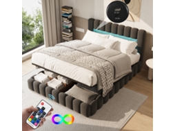 Cama Estofada 180x200cm Com Estrado Hidráulico E De Ripas, Led, Usb, Candeeiro De Leitura, Baú, Cama De Casal Juvenil Cinza