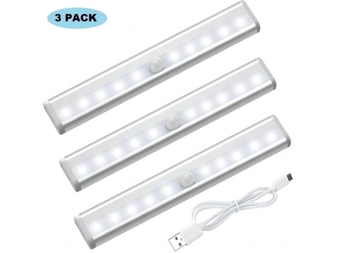 Kit com 3 Luzes Led, Sem Marca, Recarregáveis​​ Via Usb, Magnéticas, Detector de Movimento, Brancas BRILVIBERA