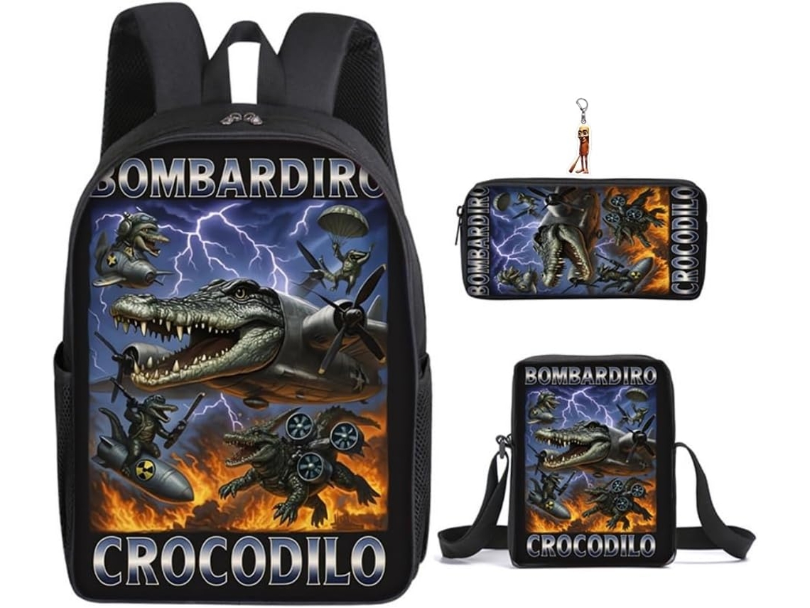 Conjunto De Mochila Italiana 3 Peças Com Chaveiro, Lancheira Desenho Animado Estampa 3d 40,6 Cm,