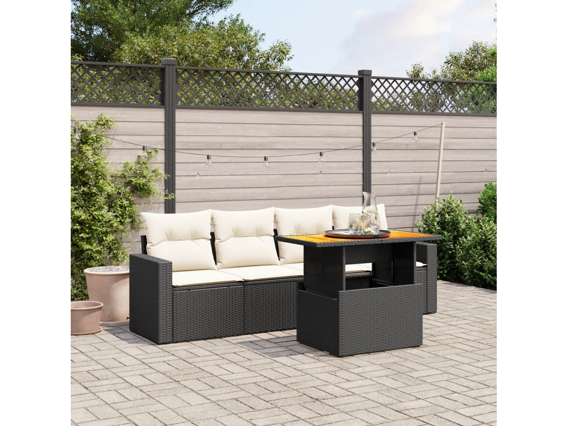 Vidaxl 5 Pcs Conjunto Sofás De Jardim Com Almofadões Vime Pe Preto