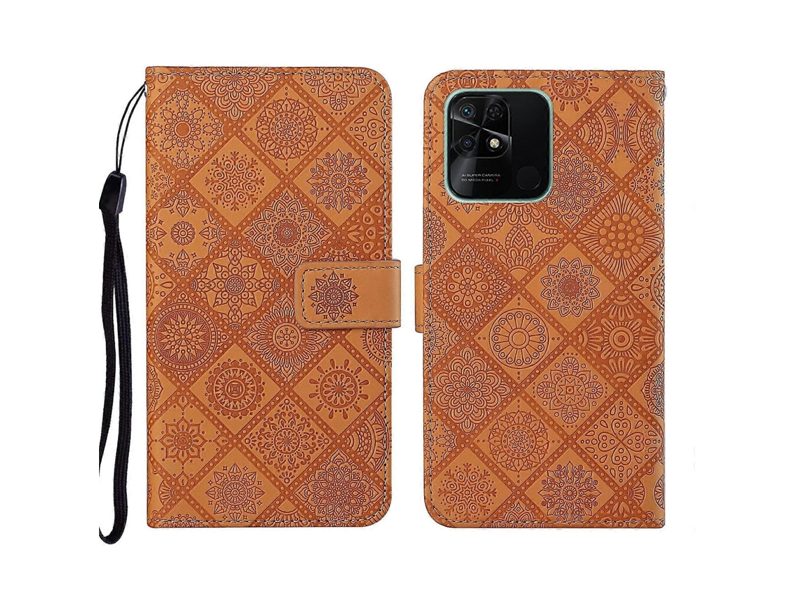 Capa De Celular Xiaomi Redmi 10c Em Couro Com Padrão Étnico Em Relevo