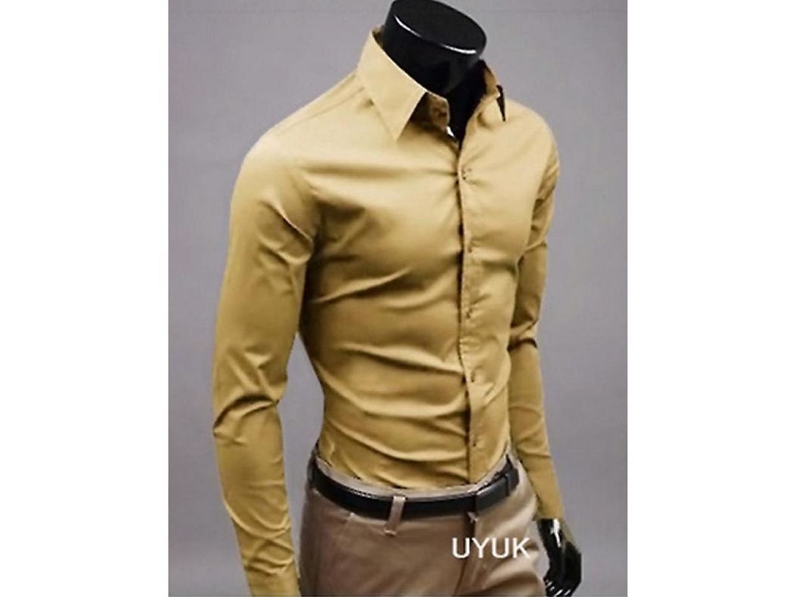 2026 camisas de Lujo para Hombre Slim Fit Cuello Redondo Manga Larga Casual Formal Algodón XL Caqui
