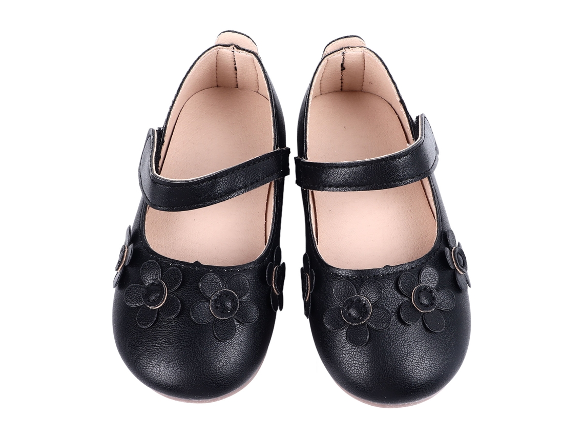 Sapatos de Couro Pu para Meninas Princesa com Flor Sola Macia Plana para Festas e Dança