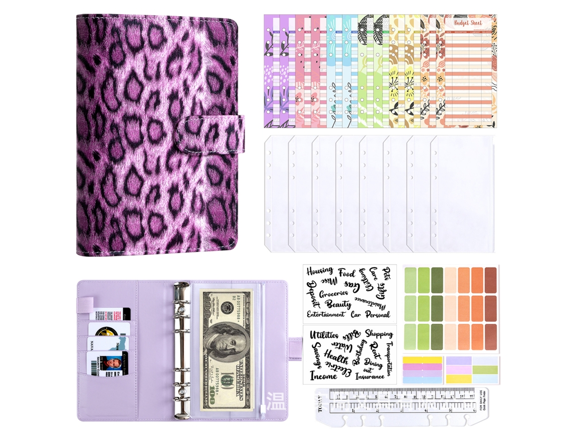 A6 Leopard Print Macaron Budget Planner Cover Set Purple, 8-zipper Pockets, Cash Budget Cards 12, Stickers, English