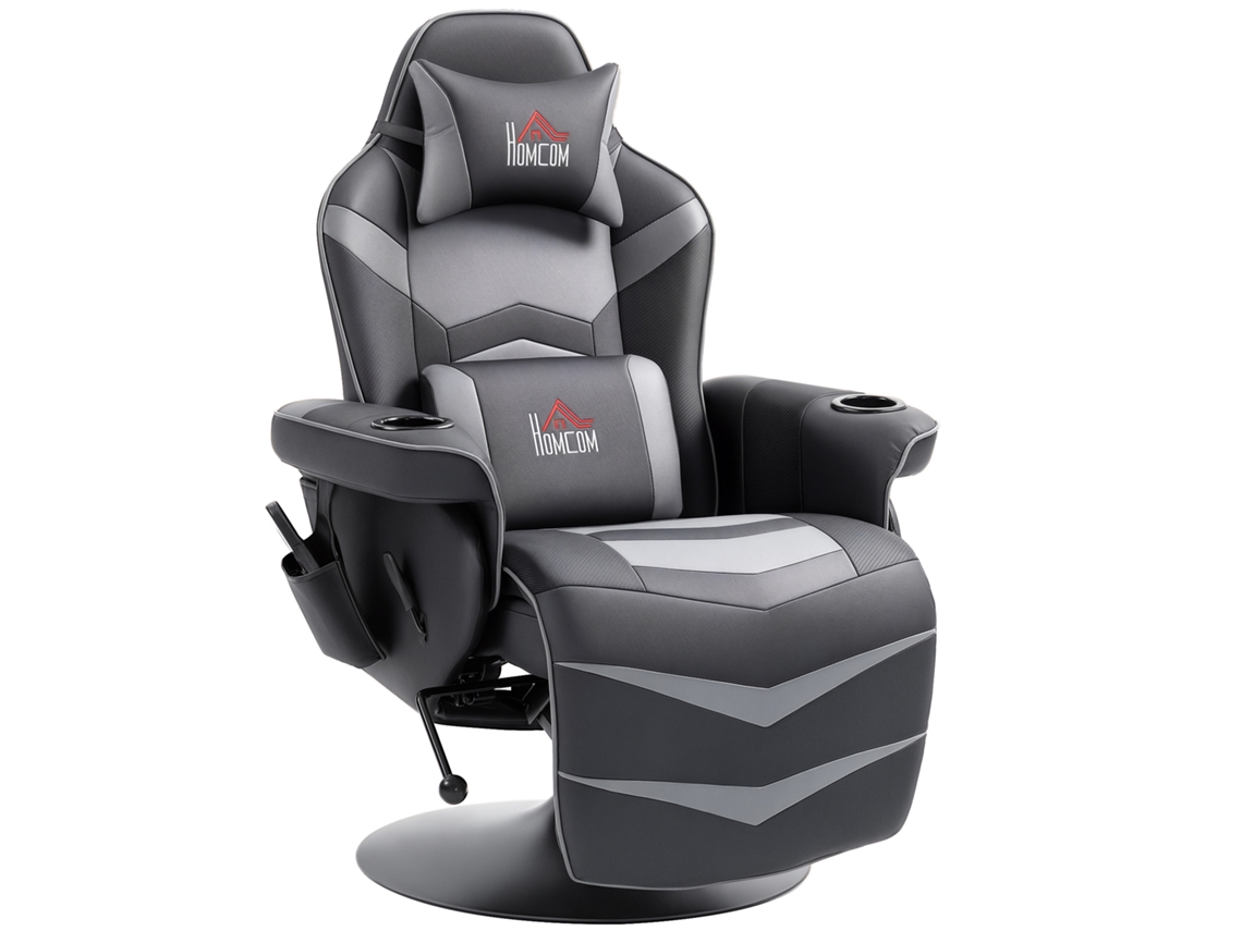 Cadeira gaming com massagem, encosto basculante, apoio para os pés, até 120kg, estrutura de aço, couro sintético cinza Envio Rápido