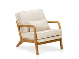 Smartue Poltrona Lounge Com Almofada Lombar, Poltrona Mid-century Com Estrutura De Madeira Maciça, Bege