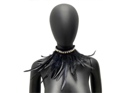 Cachecol de Penas Falsas com Pérolas Decorativo Soft Ajustável com Laço Gótico Retro para Cosplay e Festas Negro