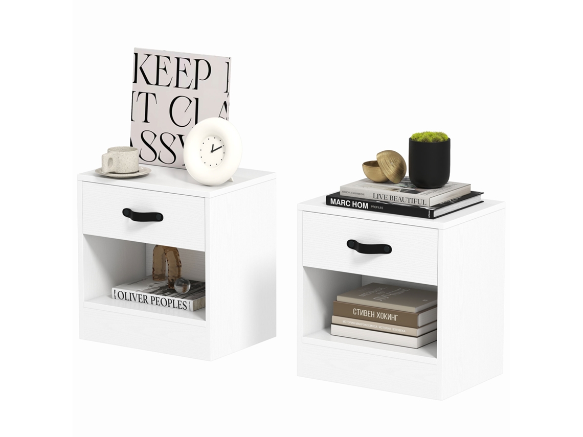 Pack De 2 Mesitas De Noite Com Gaveta E Compartimento Aberto Para Sala 39x28x41 Cm Branco