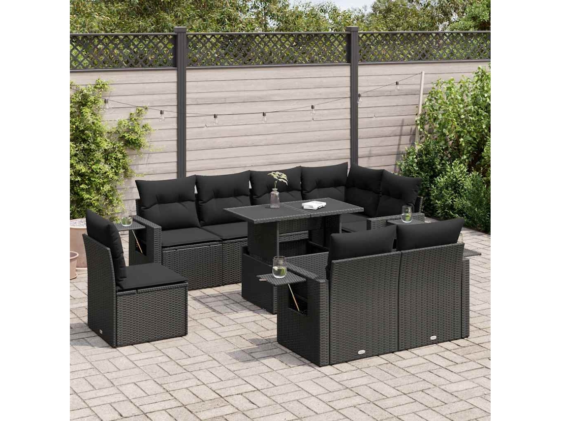 Vidaxl 9 Pcs Conjunto De Sofás P/ Jardim C/ Almofadões Vime Pe Preto